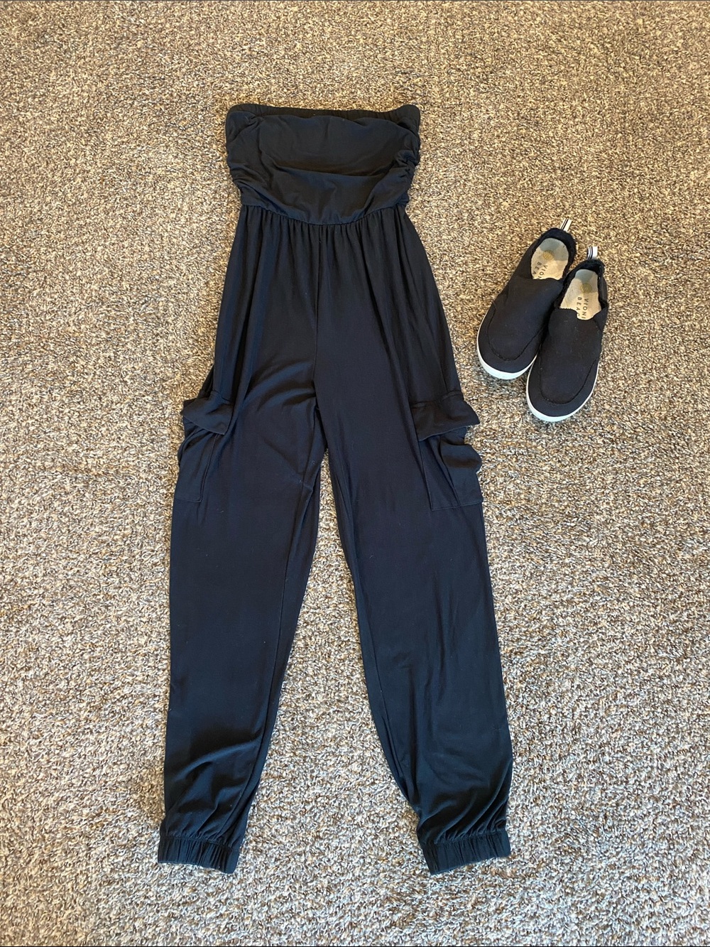 Strapless Black Cargo Romper with Elastic Ankles